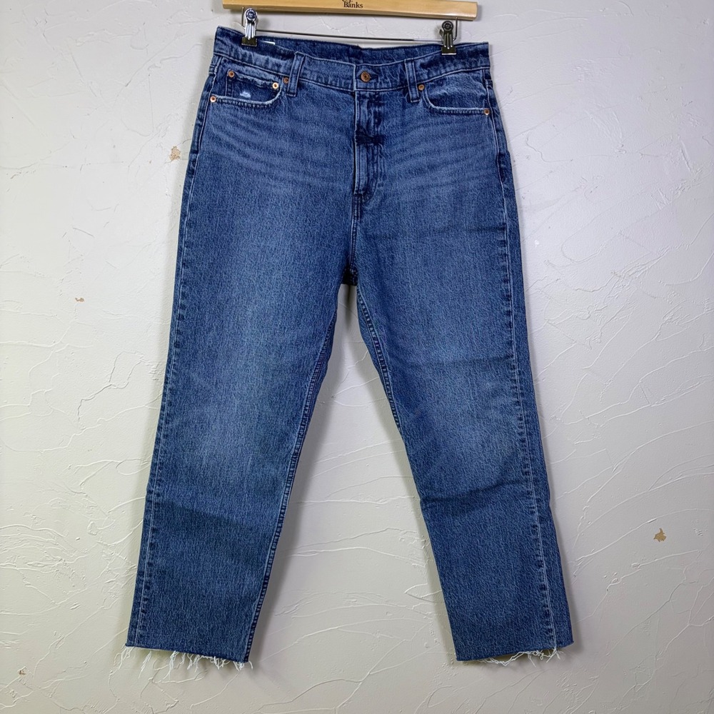 Gap Cheeky Straight Sky High Jeans Women 14 Raw Hem Blue Denim Casual
